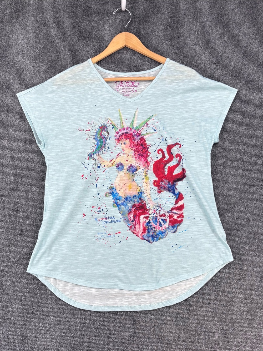 Leoma Lovegrove Mint Green Artsy V Neck Shirt Tropical Mermaid Women’s L Beachy